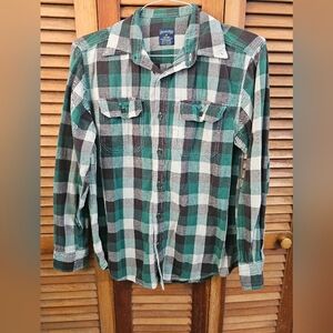 Men’s Faded Glory Green Plaid Flannel Shirt Medium 38-40 100% Cotton Button Up